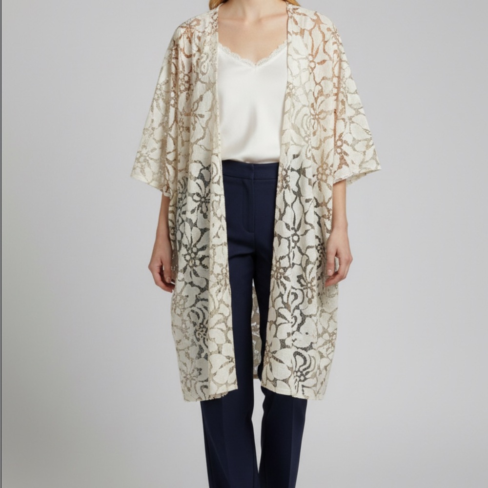 Ann Klein Women’s kimono duster floral L/XL latte/Ann white NEW